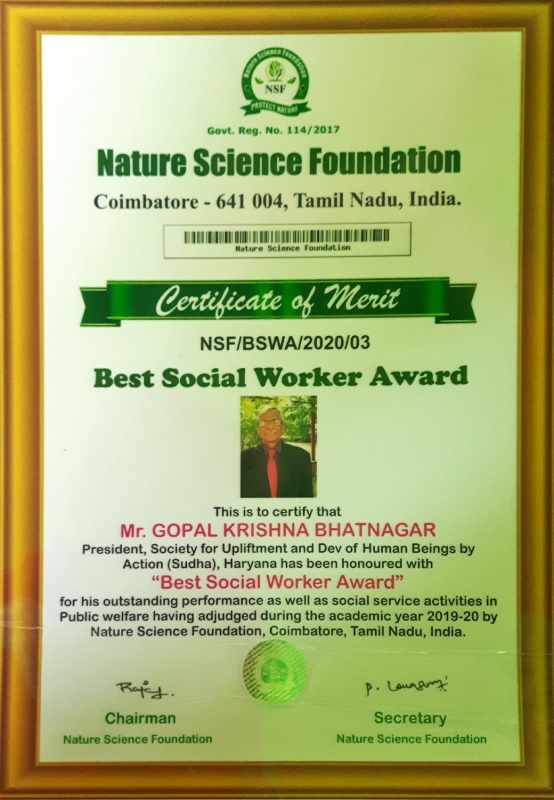 Best Social Worker Award GK Bhatnagar, Sudha Society